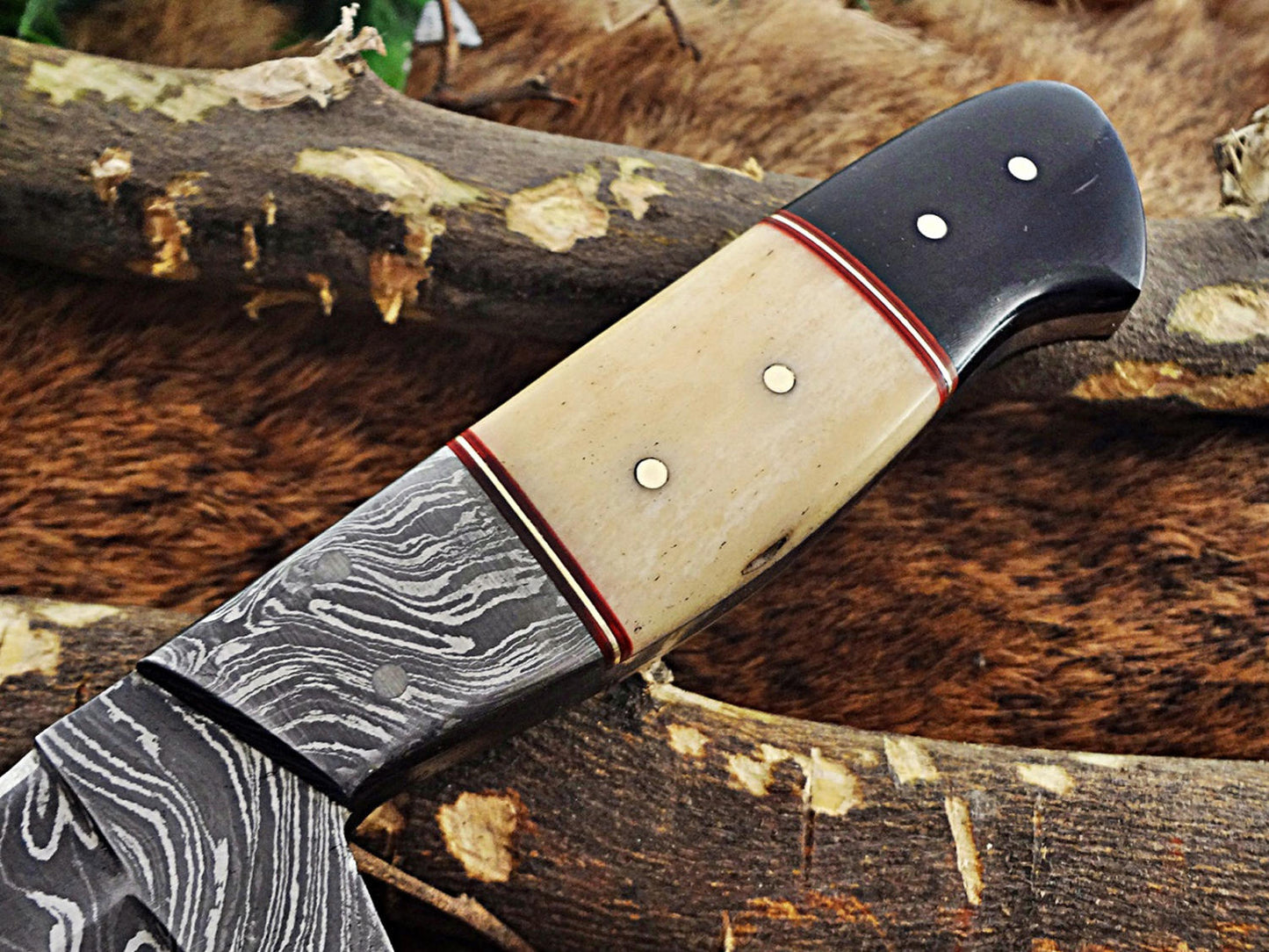 9 " Long hand forged Damascus steel full tang skinning Knife, Natural camel Bone and Buffalo Horn scale with Bolster Cow hide Leather sheath