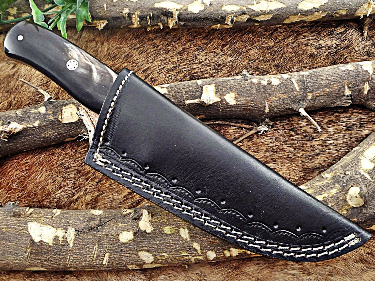 9.25" Long hand forged Damascus steel full tang drop point blade skinning Knife, Buffalo Horn scale with Damascus Bolster Cow Leather sheath