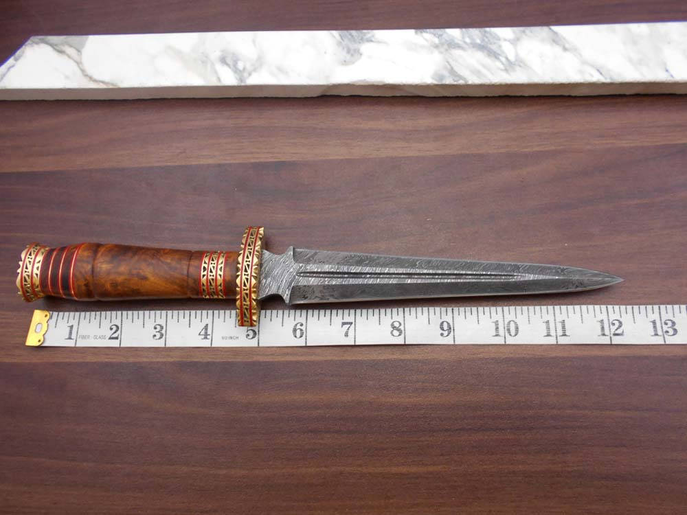 12.2" Long Damascus Dagger hand forged Knife 6.2" dual edge exotic Rose wood scale crafted with engraved brass work and fiber spacing
