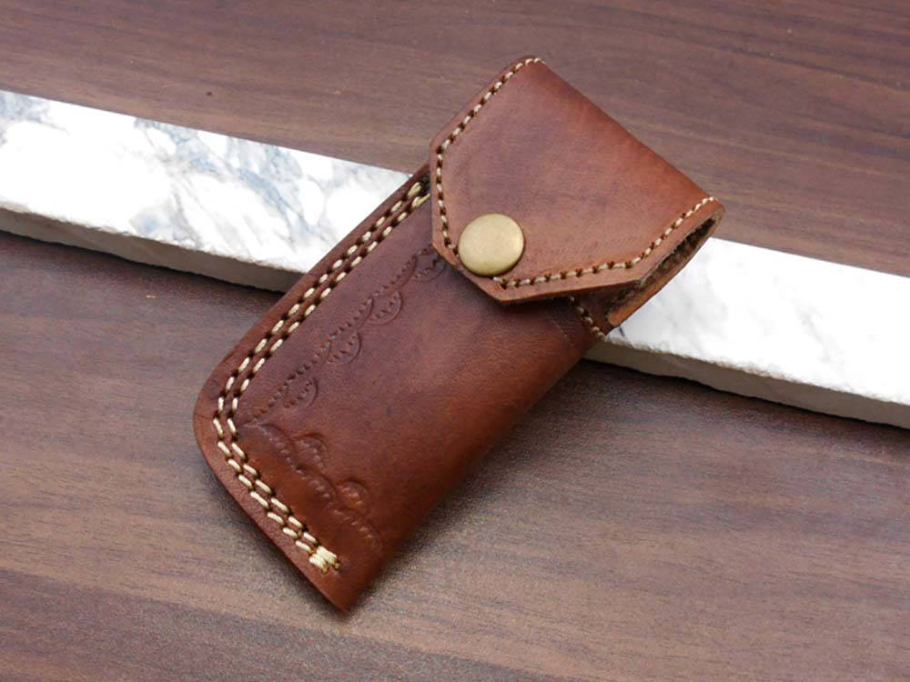 7" long Hand Forged Damascus steel blade Folding Knife, 1 hand opening , Rose wood & Damascus bolster scale, cow hide leather sheath