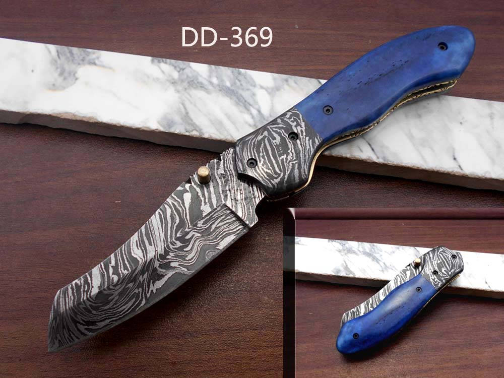 Damascus steel 7.8" folding hand forged custom Twist pattren knife 3.5" Blade Colored Bone & Damascus bolster scale cow leather sheath