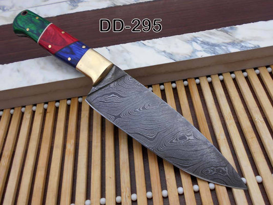 9.5 Inches long custom made Damascus steel full tang 5.5" blade Chef Knife, Multi color wood scale with brass bolster, Cow Leather sheath