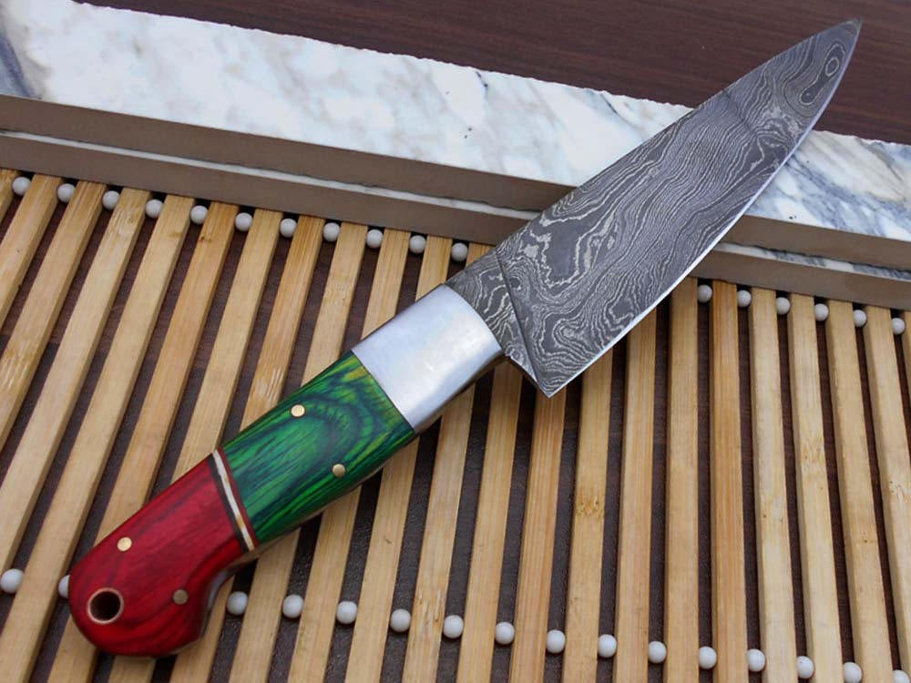 Red & green wood scale with steel bolster 10 Inches long custom made Damascus steel full tang 6" blade Chef Knife , cow leather sheath