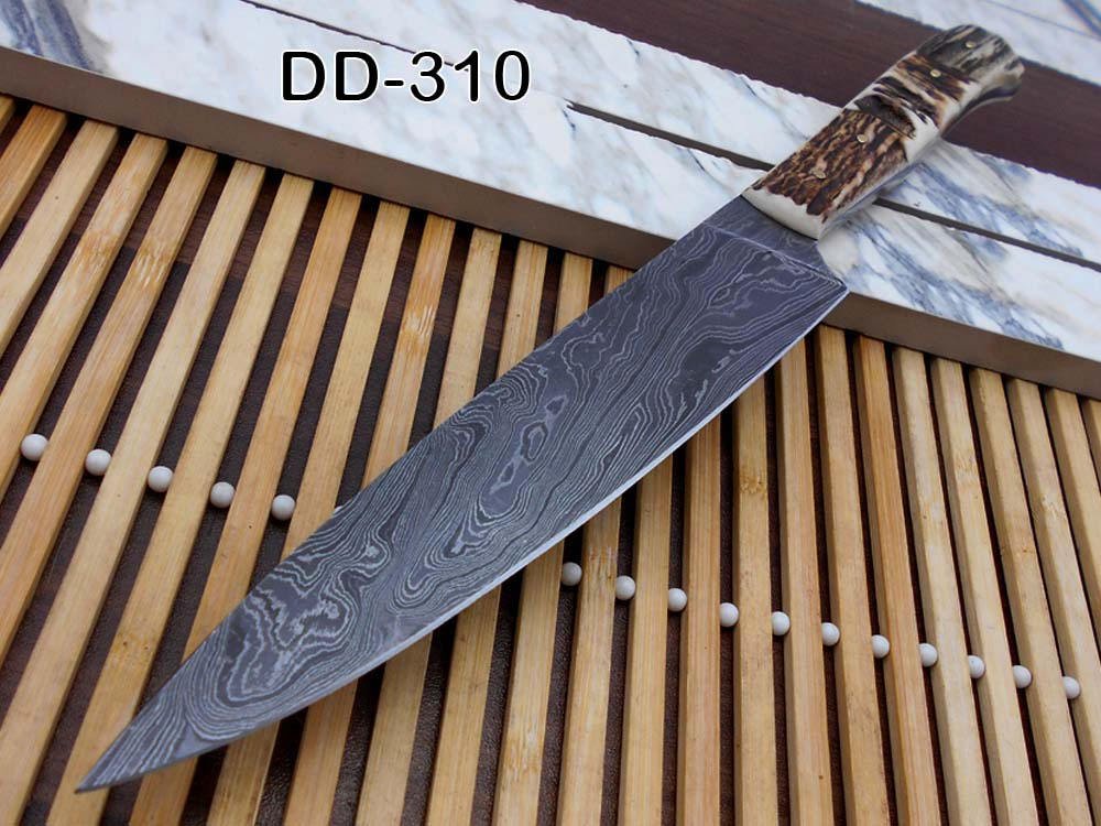 12.5 Inches long custom made Damascus steel full tang 6.5" blade Chef Knife, 5" long stag Antler scale Cow hide Leather sheath