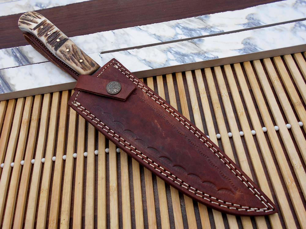 12.5 Inches long custom made Damascus steel full tang 6.5" blade Chef Knife, 5" long stag Antler scale Cow hide Leather sheath