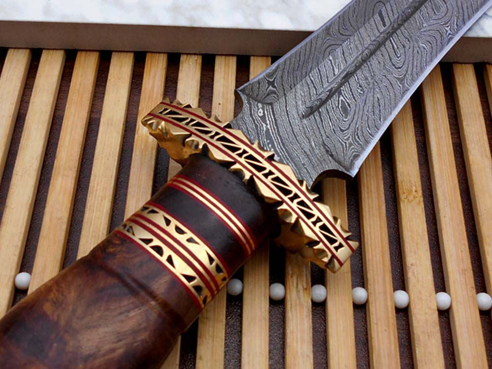 15 Inches long custom made Hand Forged Damascus Steel dagger Knife With 8" blade, Natural wood with engraved brass scale cow leather sheath