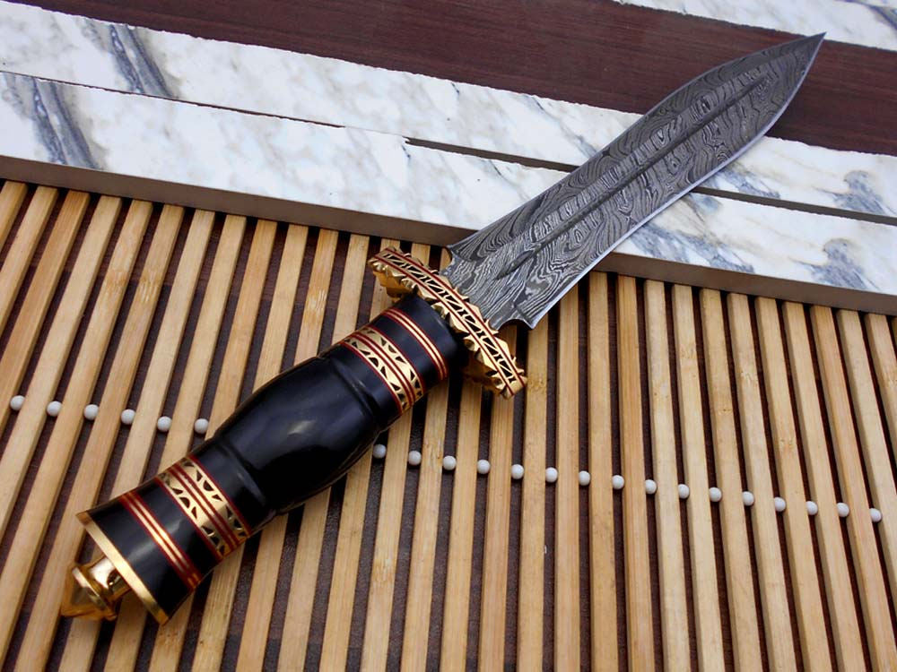 15 Inches long custom made Hand Forged Damascus Steel dagger Knife With 9" blade, exotic engraved brass & bull horn scale cow leather sheath