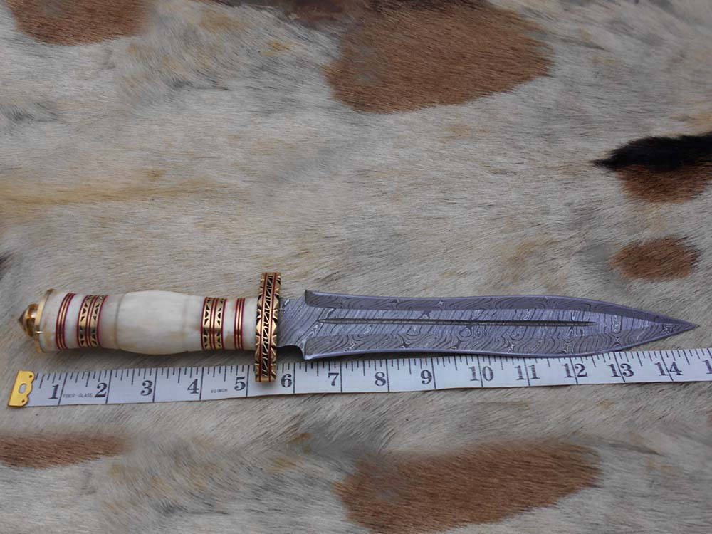 15"Long Damascus steel Dagger knife hand forged 8" dual edge,exotic scale crafted with engraved brass finger guard pommel camel bone
