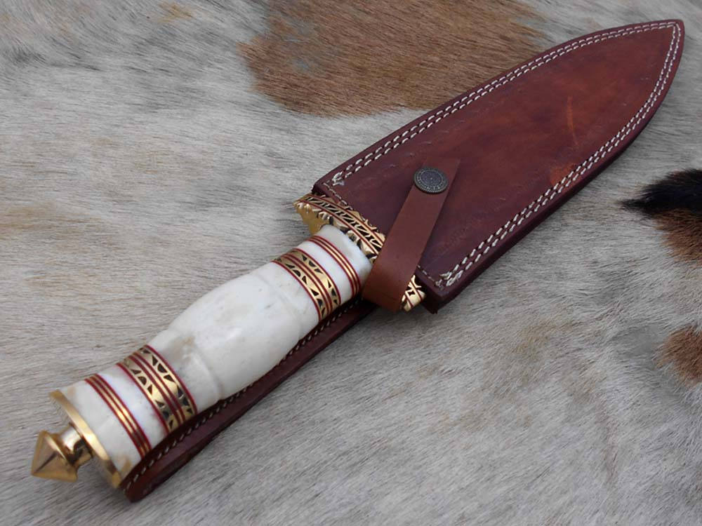 15"Long Damascus steel Dagger knife hand forged 8" dual edge,exotic scale crafted with engraved brass finger guard pommel camel bone