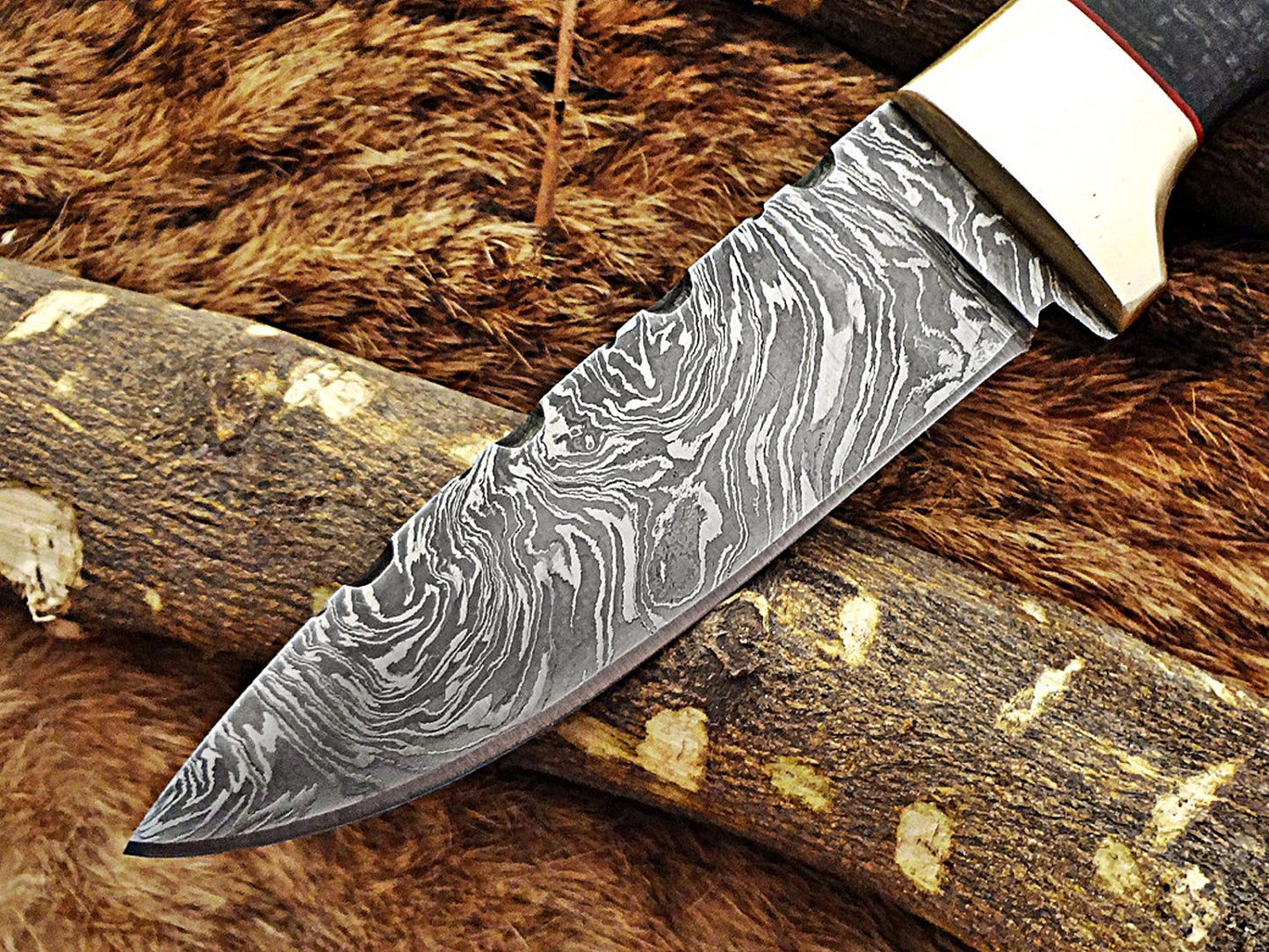 8.5" Long hand forged Damascus steel skinning knife, 4" full tang blade, Solid and 2 tone black scales available, Cow hide Leather sheath included