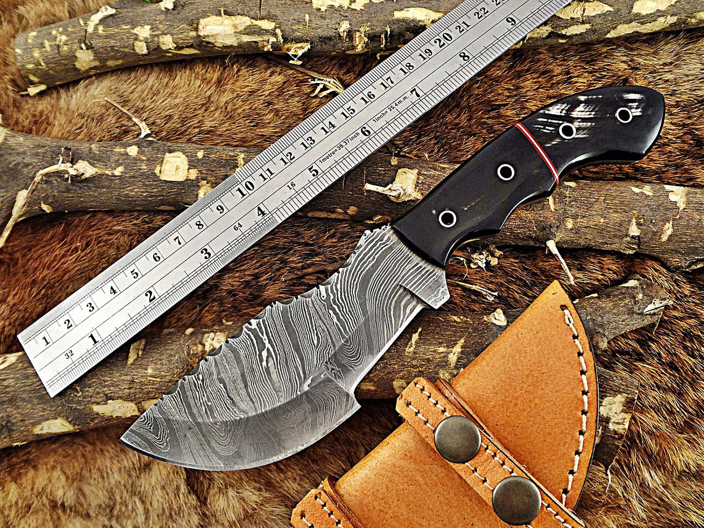 10" Long Damascus steel tracker knife hand forged twist pattern full tang, 2 tone bull horn with holes scale, Cow hide leather sheath