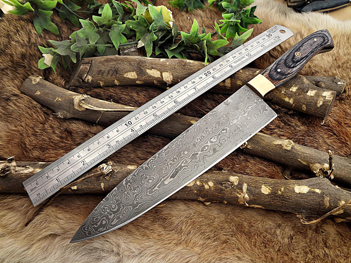 Damascus Steel kitchen Knife 14 Inches full tang 9" long Hand Forged blade, 2 Tone Dollar wood and brass bolster scale