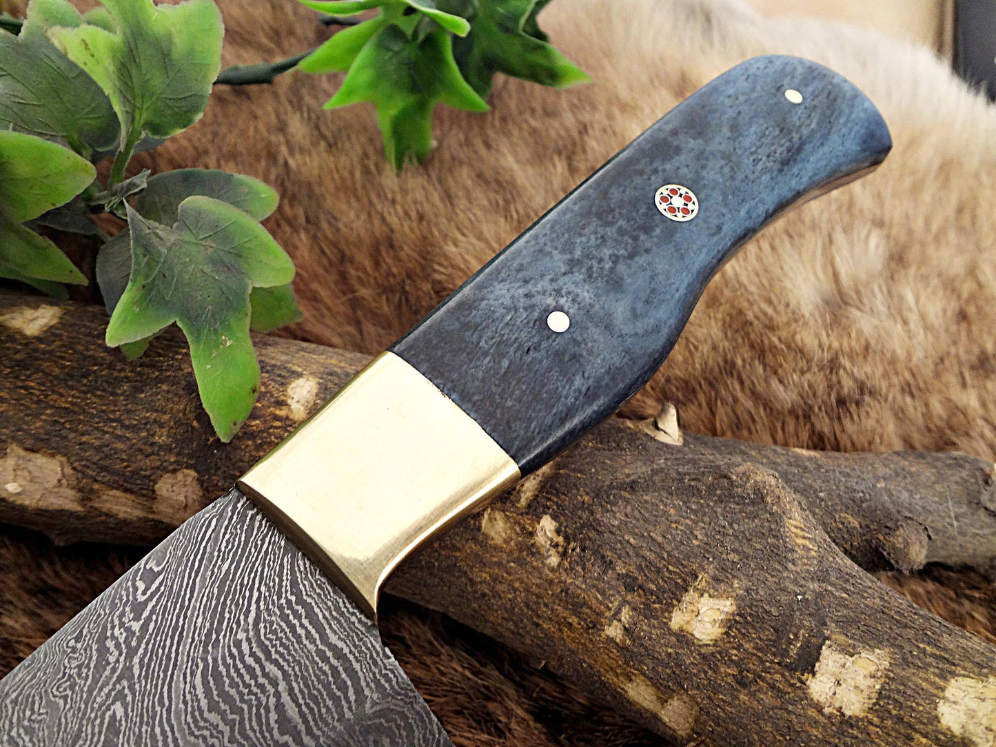 Damascus Steel kitchen Knife 14 Inches full tang 9" long Hand Forged blade, Blue Colored camel bone and brass bolster scale