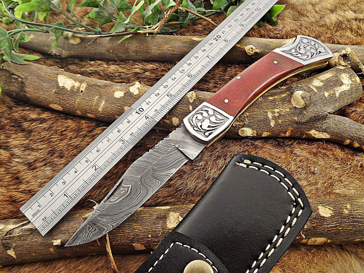 Micarta wood Scale with Engraved steel bolster Damascus steel 9" long Folding Knife custom made 4" Hand Forged blade cow hide leather sheath