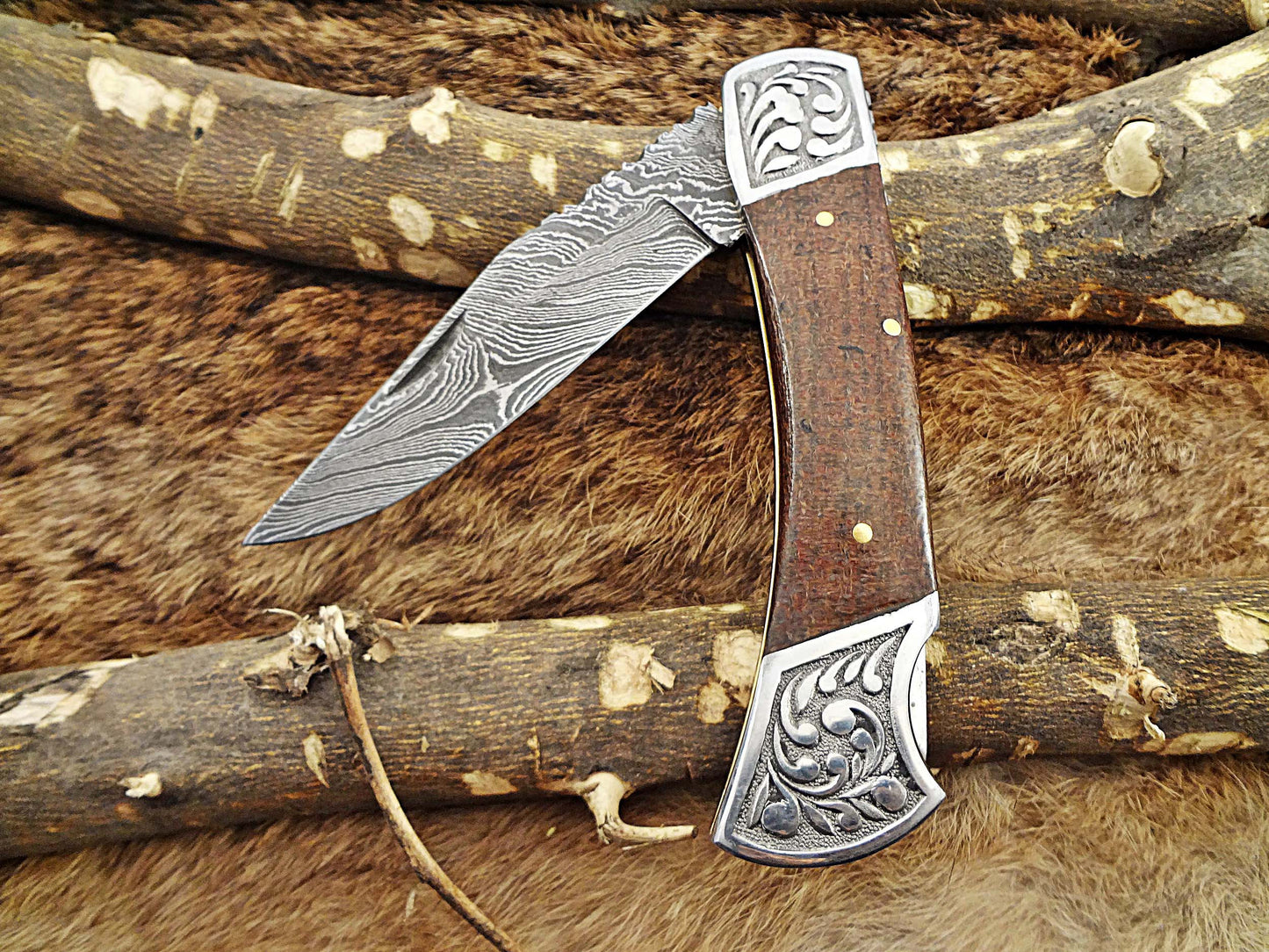 Damascus steel 9" long Folding Knife, Micarta wood Scale with Engraved steel bolster, custom made 4" Hand Forged blade cow leather sheath