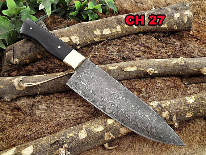 Damascus Steel 10 Inches kitchen Knife, 5.5" long full tang Hand Forged blade, Bull horn scale with brass bolster, 6 mm thick blade