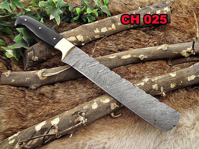 13.5 Inches long custom made Damascus steel full tang 9" blade bakery Knife, Kitchen knife, chef knife Bull horn 5" scale with brass bolster