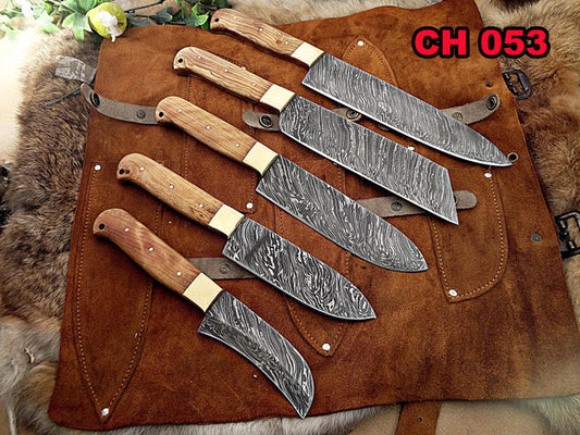5 pieces chef knives set, overall 54 inches full tang hand forged Damascus steel blade, custom made leather sheath