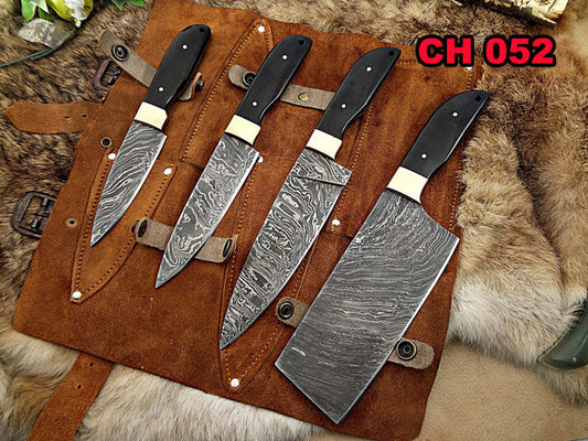 4 pieces chef knives set, Slicer, fillet, cleaver overall 37 inches full tang hand forged Damascus steel blade, custom made leather sheath