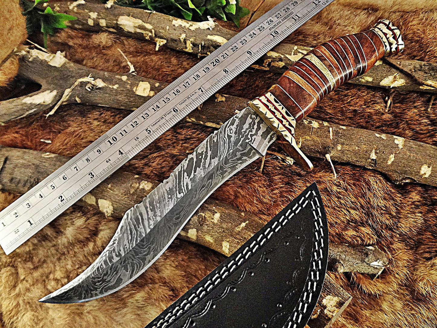12.5" Long hand forged Damascus steel Hunting Bowie Knife, sliced Rose Wood With engraved Brass cap and finger guard, Cow Leather sheath