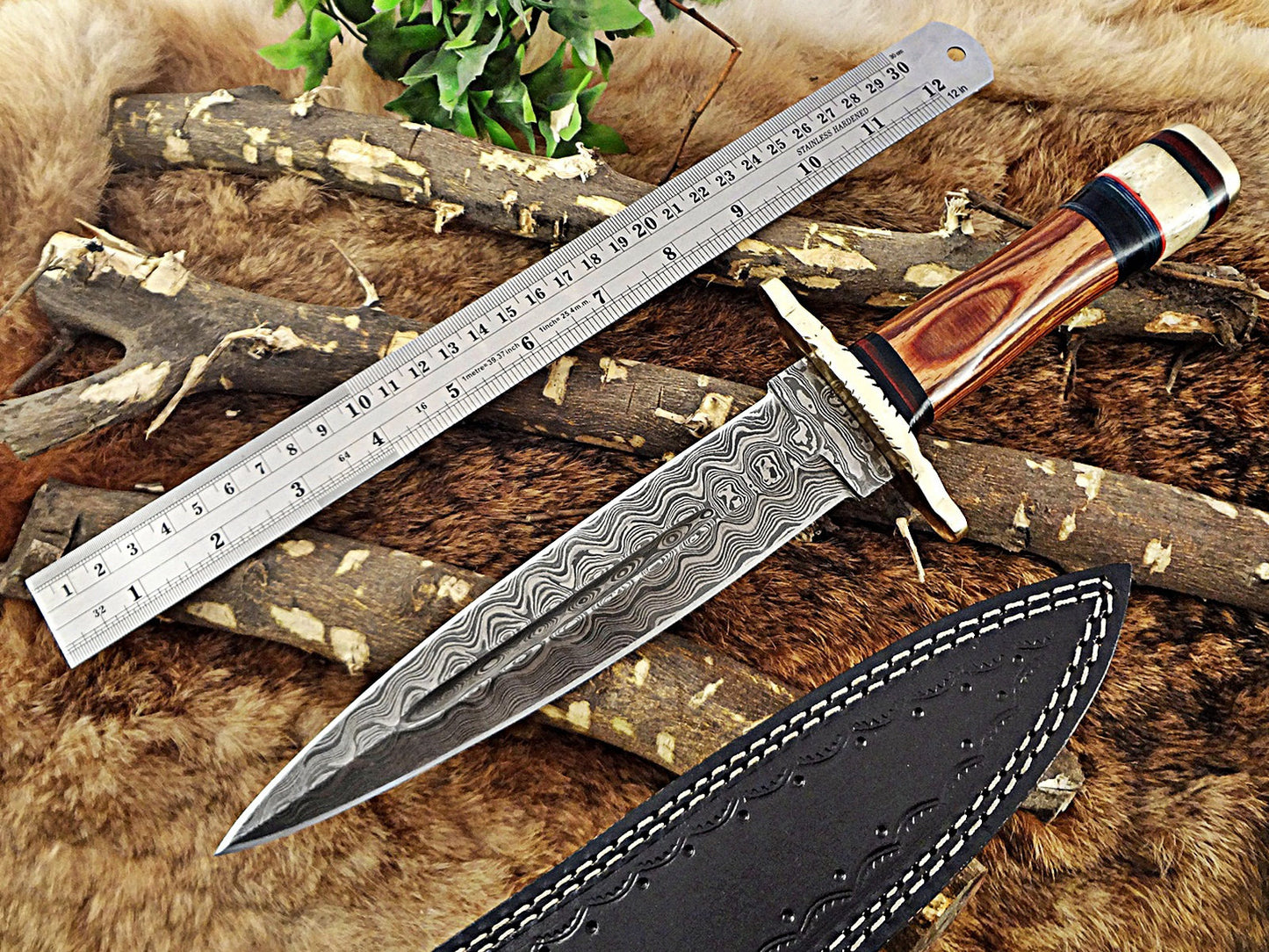 14" Long hand forged Damascus steel Dagger Knife, Dollar wood, bone and bull horn scale with brass cap and finger guard, Cow Leather sheath