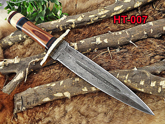 14" Long hand forged Damascus steel Dagger Knife, Dollar wood, bone and bull horn scale with brass cap and finger guard, Cow Leather sheath