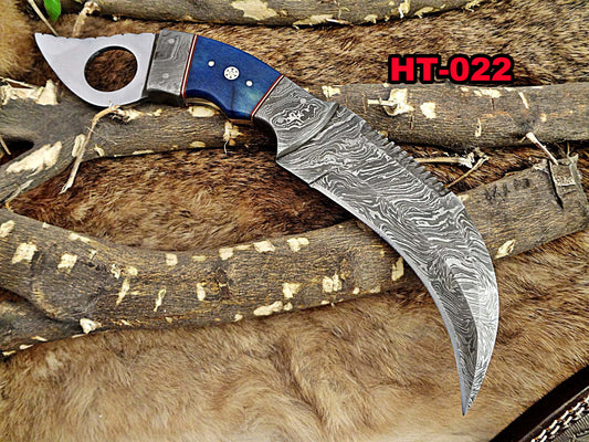11" Long hand forged Damascus steel Karambit Knife, Colored Camel Bone with Damascus Bolster & Pommel finger hole, Leather sheath