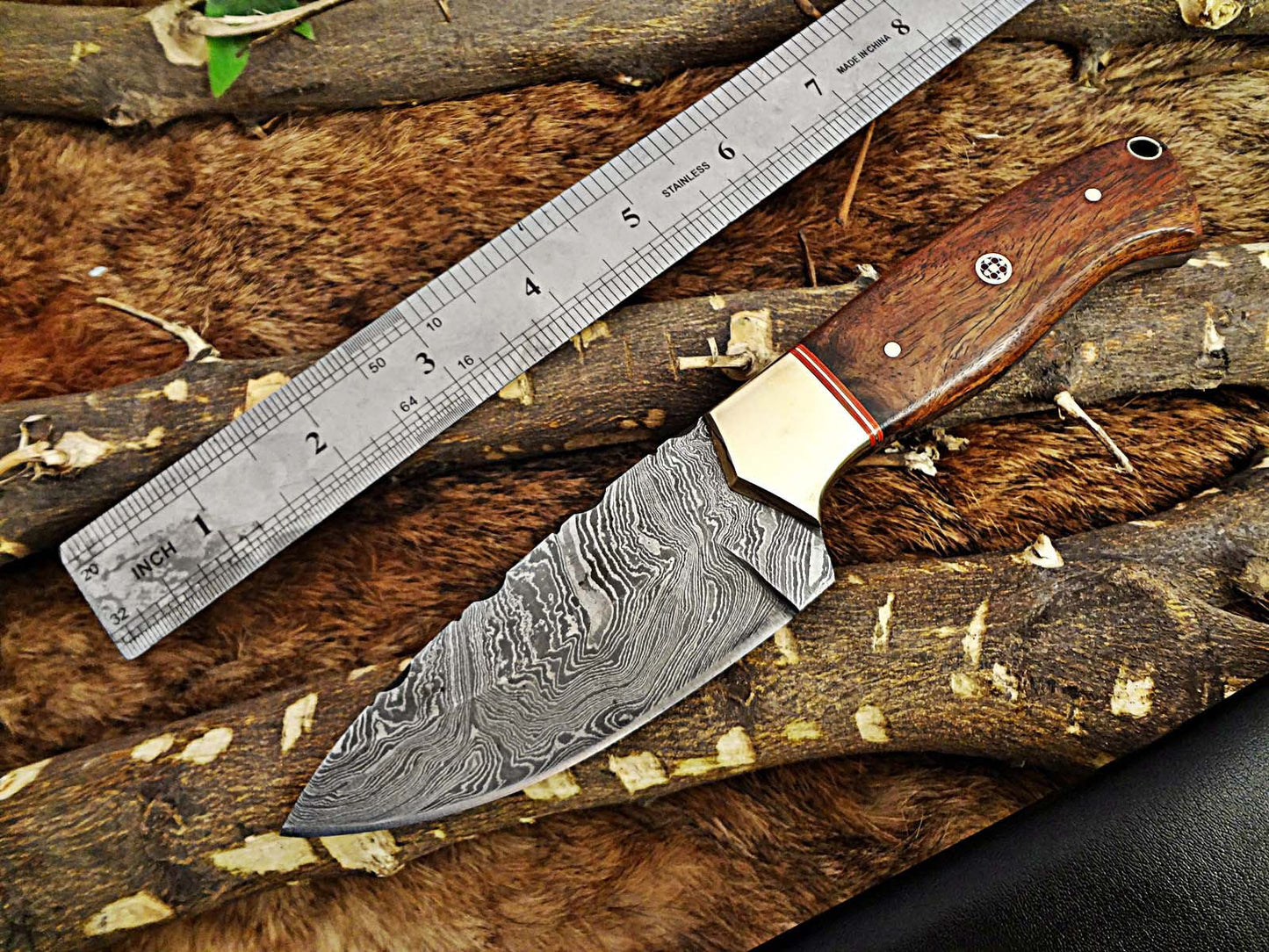 8.5" Long hand forged skinning Knife, 4.25" full tang Damascus steel blade, Natural Rose wood with inserting hole, Cow hide Leather sheath