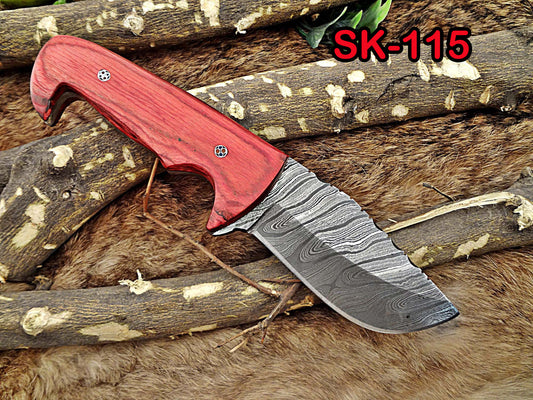 8.5" Long Damascus steel hand forged compact skinning Knife,  4" clip point full tang blade, Red dollar wood scale, Cow hide Leather sheath
