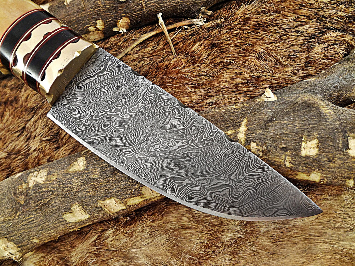 9" Long hand forged Damascus steel Knife, Camel bone & Bull horn round scale with engraved Brass and fiber spacing, cow hide Leather sheath