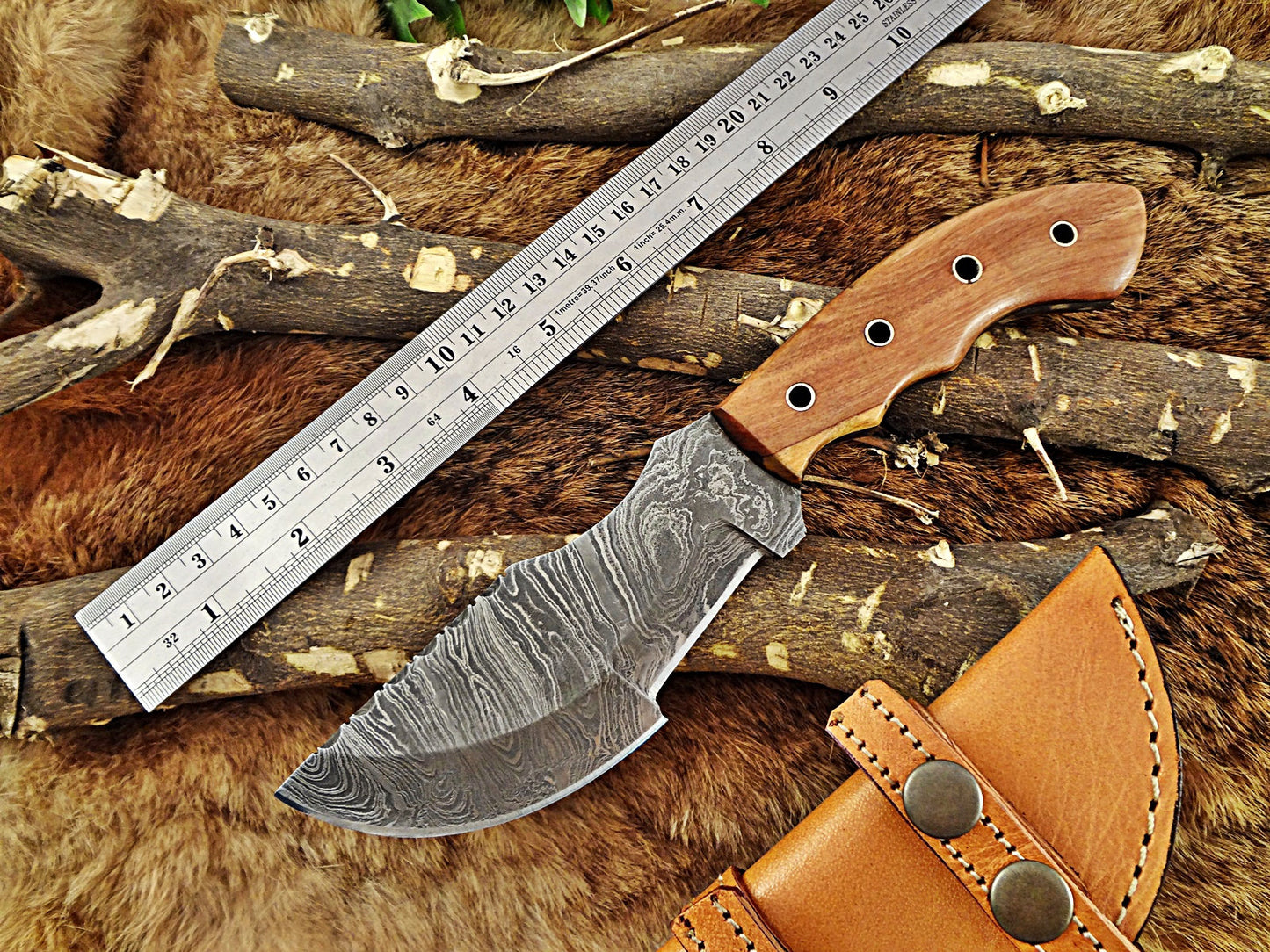 10"Long tracker knife hand forged twist pattern full tang Damascus steel, Natural Rose wood with pipe hole scale, Cow hide leather sheath