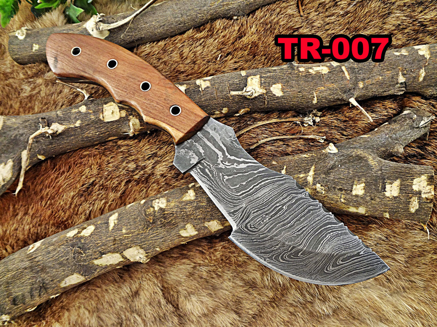 10"Long tracker knife hand forged twist pattern full tang Damascus steel, Natural Rose wood with pipe hole scale, Cow hide leather sheath