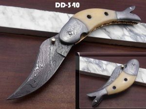 Fish shape 8" folding pocket knife available in 3 natural scales,  Cow leather sheath included