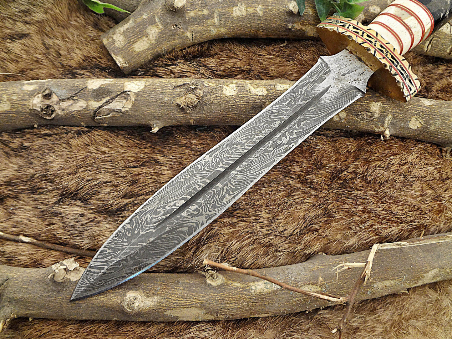 14.5" Long Damascus steel Dagger knife hand forged 8" dual edge,exotic scale crafted with engraved brass finger guard camel bone, Sheath