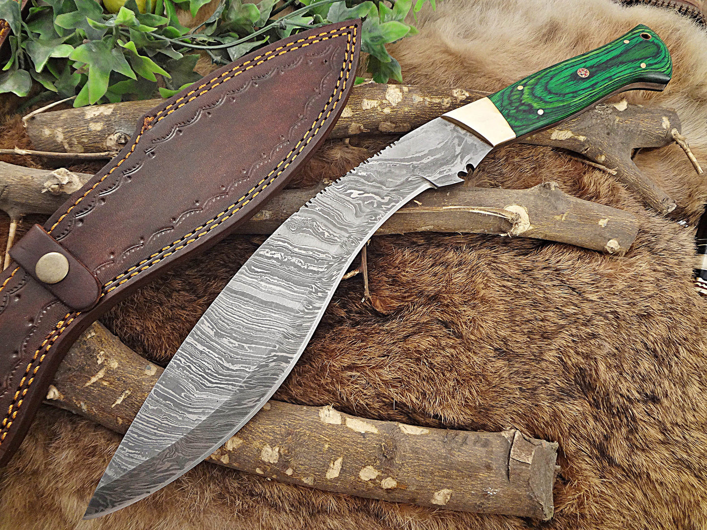 Damascus Steel Kukri Knife 15 Inches custom made Hand Forged With 10" long blade, Green Dollar wood with brass scale, Cow Leather Sheath