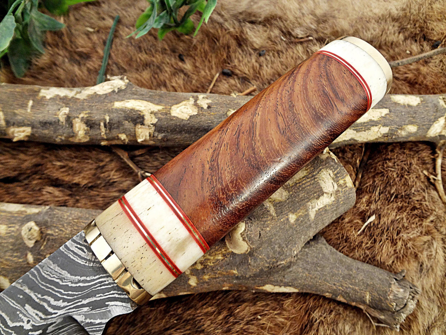 11" Long Damascus steel hunting Knife hand forged Twist pattern, Natural wood with camel bone & brass scale, thick Cow hide leather sheath