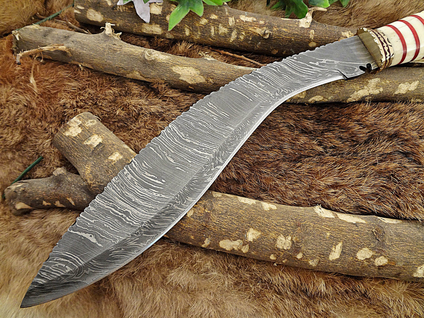 15" custom made Hand Forged Damascus Steel Kukri Knife With 10" blade, camel bone with engraved brass finger guard scale, Leather Sheath