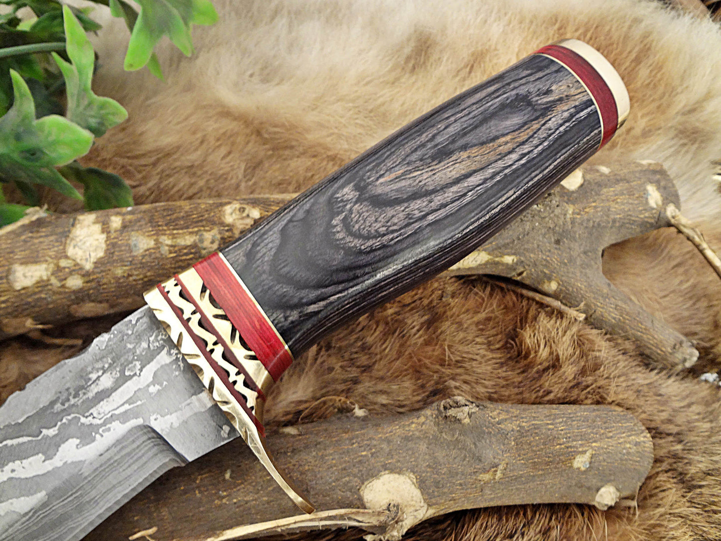 Damascus Steel Kukri Knife 15 Inches custom made Hand Forged With 10" long blade, Bull horn with engraved brass scale, Cow Leather Sheath