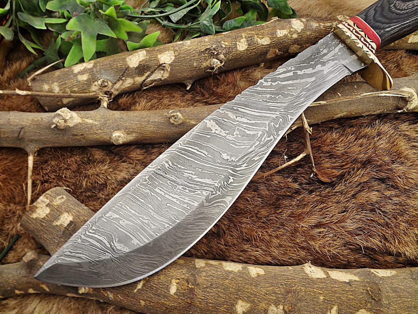 Damascus Steel Kukri Knife 15 Inches custom made Hand Forged With 10" long blade, Bull horn with engraved brass scale, Cow Leather Sheath