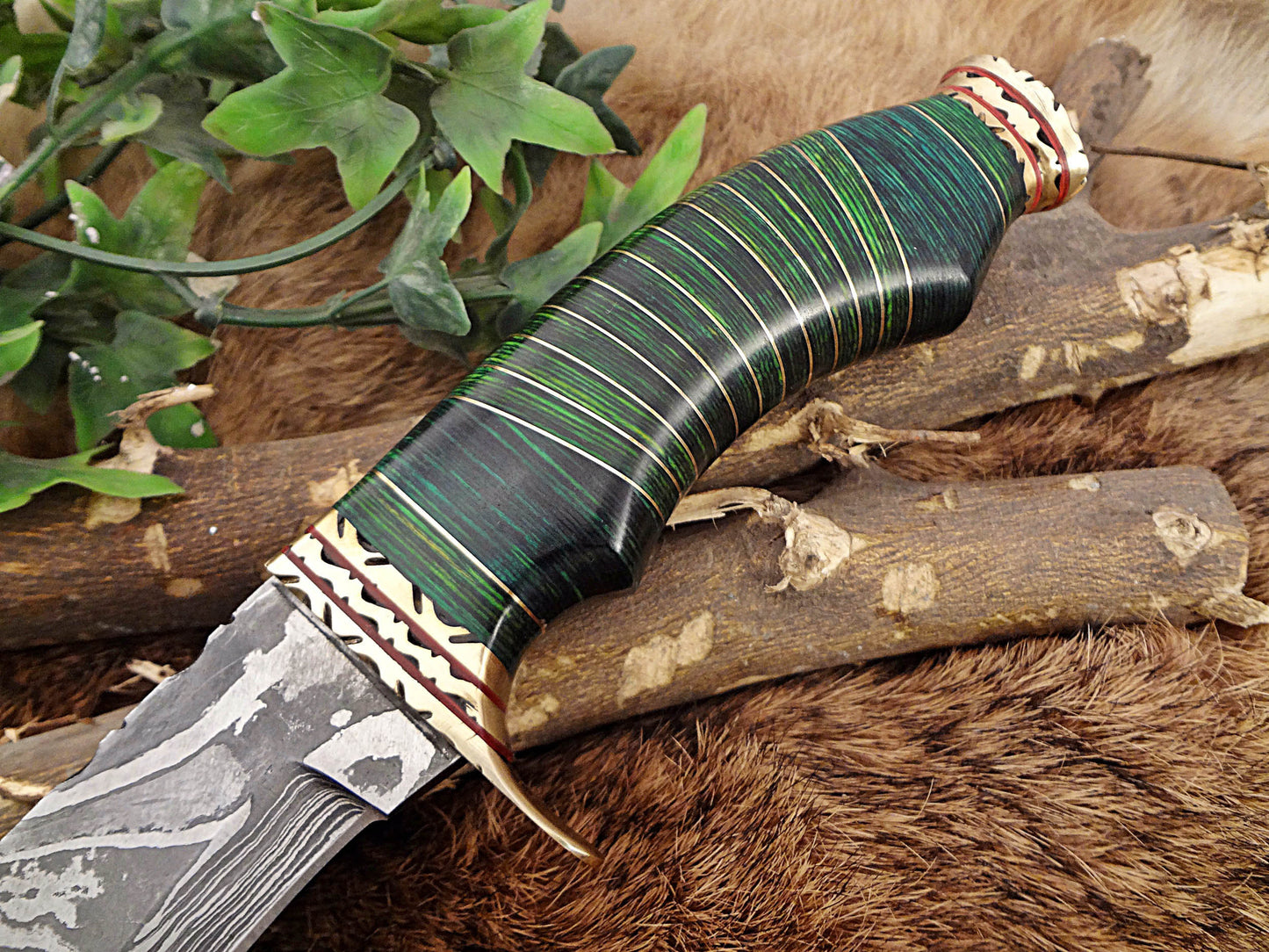 Damascus Steel Kukri Knife 14.5 Inches custom made Hand Forged With 10" blade, 2 Tone Green wood with engraved brass scale, Leather Sheath