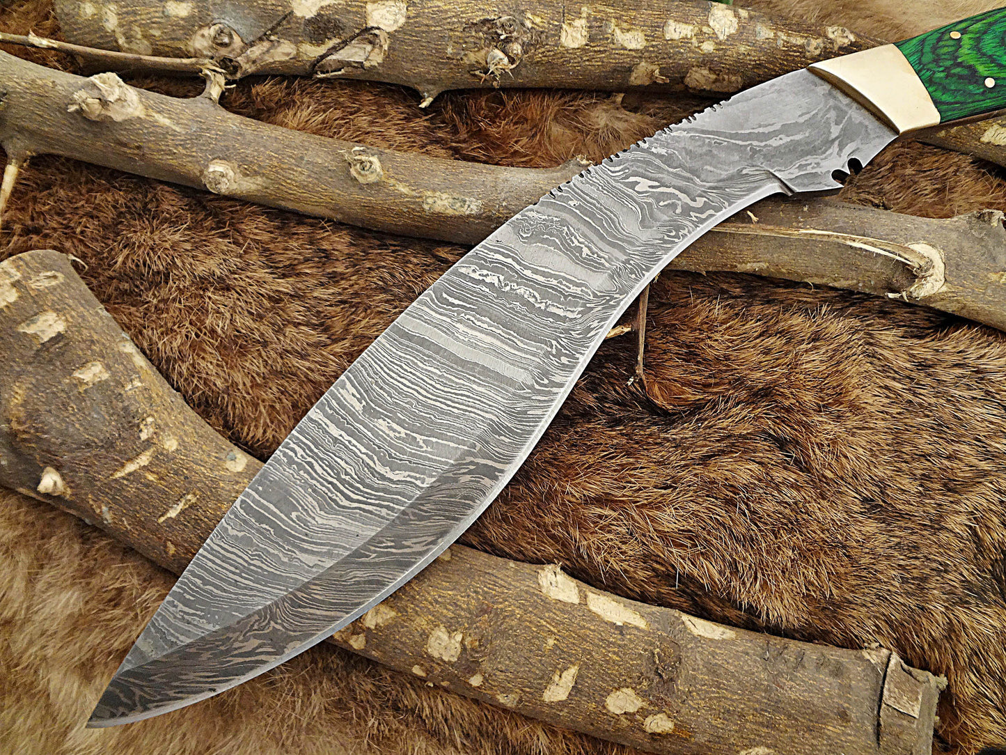 Damascus Steel Kukri Knife 15 Inches custom made Hand Forged With 10" long blade, Green Dollar wood with brass scale, Cow Leather Sheath