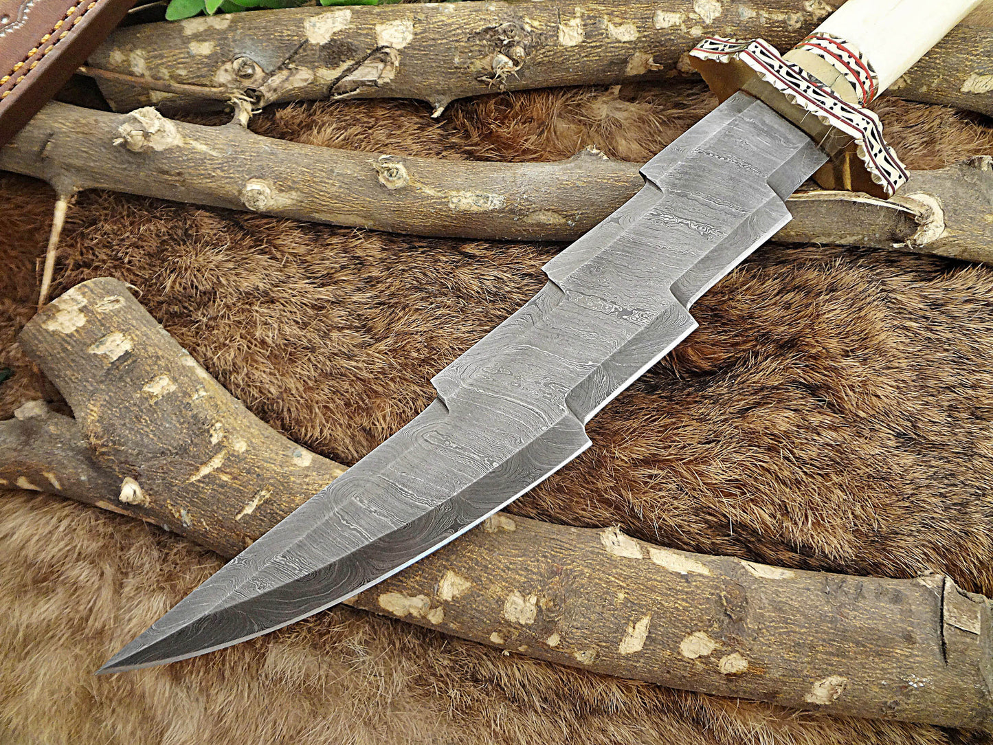 14.5" long custom made Hand Forged Damascus Steel zig zag blade Knife With 9" blade, camel bone with engraved brass scale Leather sheath