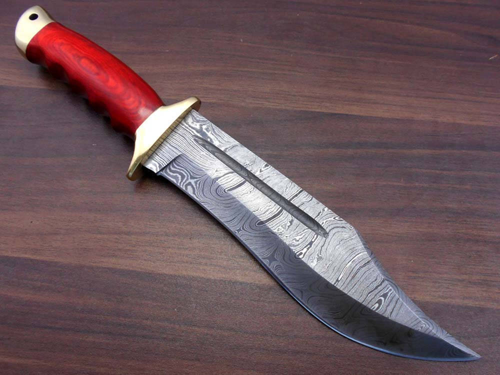 13.5 Inches long Damascus steel custom made hunting Knife, 2 tone Red wood scale with brass finger guard and cap cow hide leather sheath