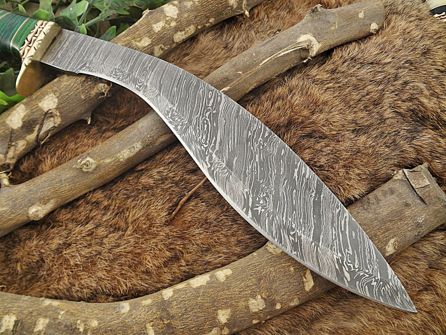 Damascus Steel Kukri Knife 15 Inches custom made Hand Forged With 10" long blade, Green wood with engraved brass scale, Cow Leather Sheath