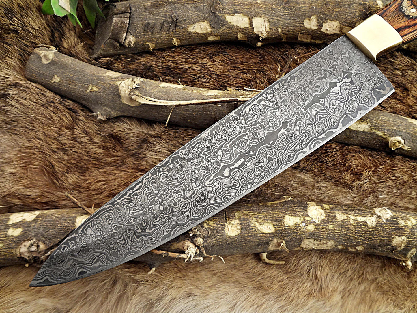 Damascus Steel kitchen Knife 13 Inches full tang 8.5" long Hand Forged blade, 2 Tone Dollar wood and brass bolster scale