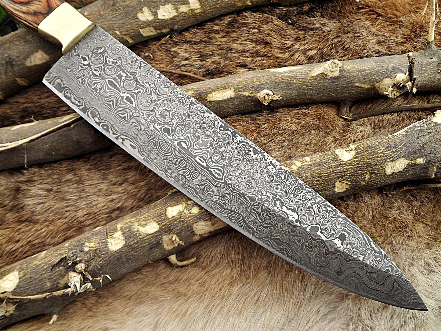 Damascus Steel kitchen Knife 13 Inches full tang 8.5" long Hand Forged blade, 2 Tone Dollar wood and brass bolster scale