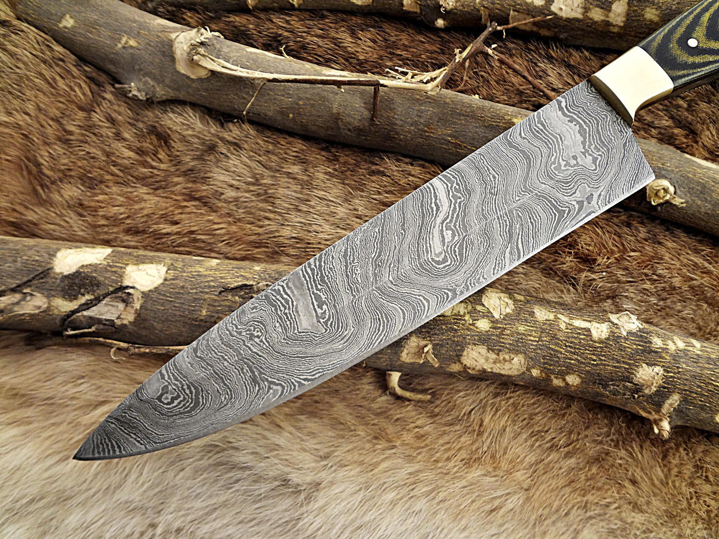 Damascus Steel kitchen Knife 13 Inches full tang 7.5" long Hand Forged blade, 2 Tone Dollar wood and brass bolster scale