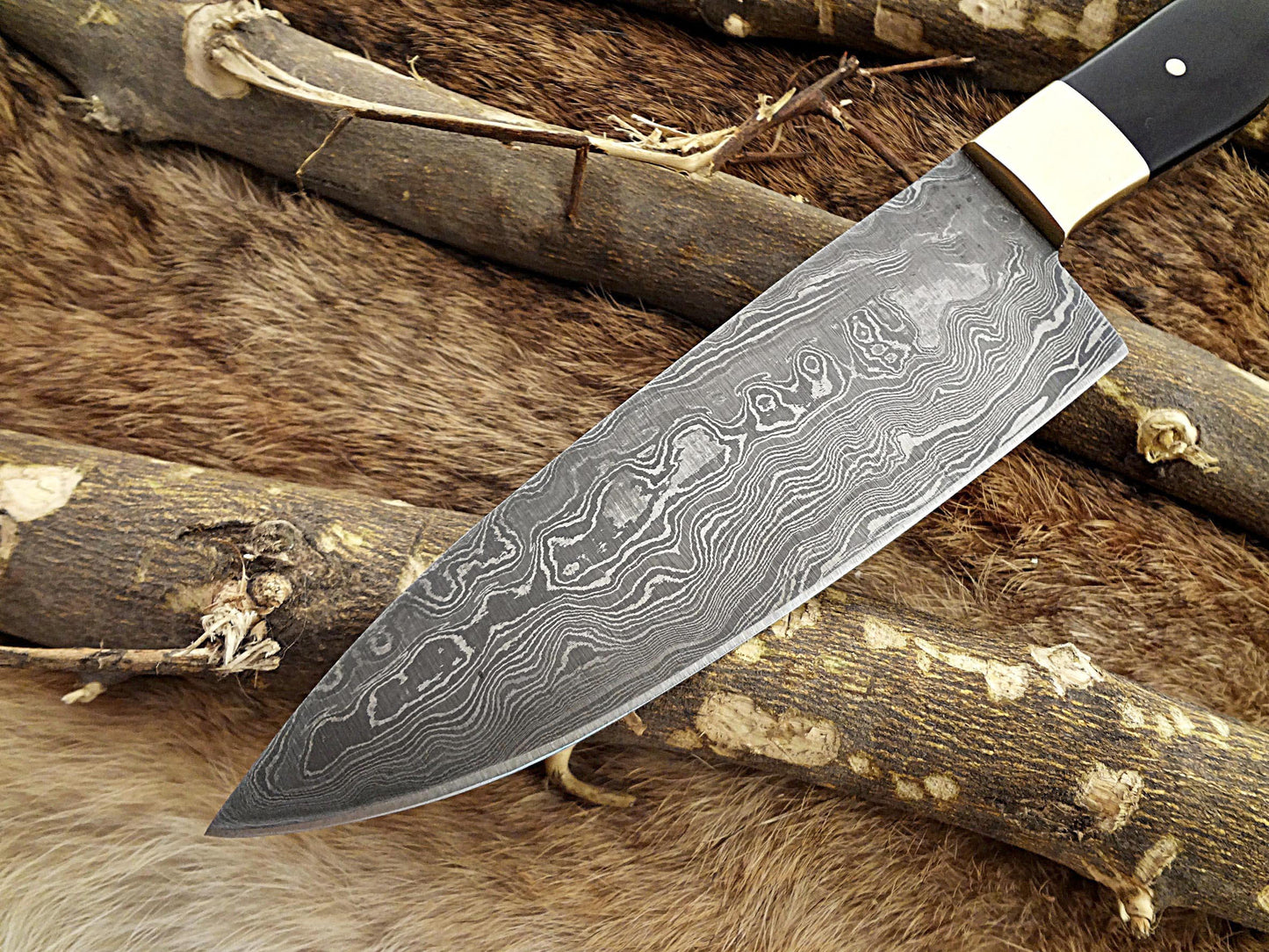 Damascus Steel 10 Inches kitchen Knife, 5.5" long full tang Hand Forged blade, Bull horn scale with brass bolster, 6 mm thick blade