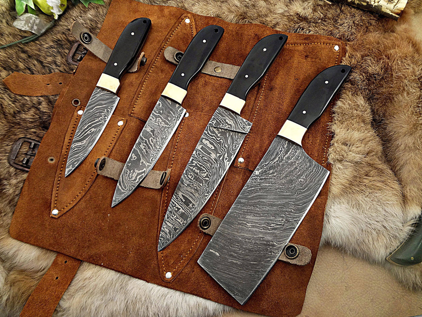 4 pieces chef knives set, Slicer, fillet, cleaver overall 37 inches full tang hand forged Damascus steel blade, custom made leather sheath