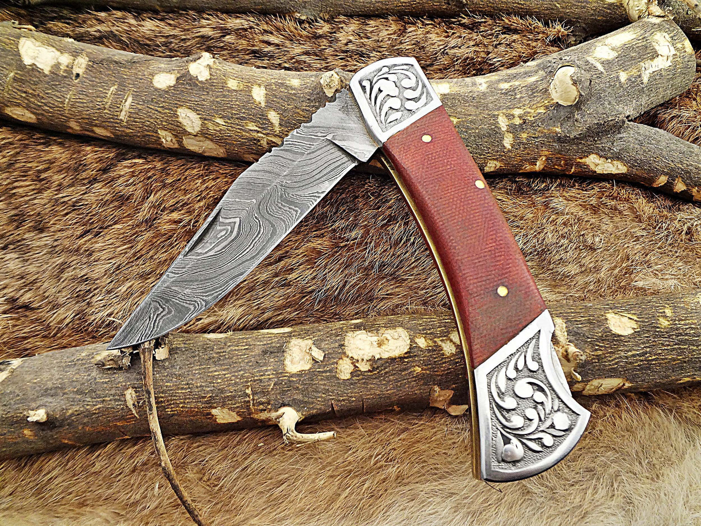 Micarta wood Scale with Engraved steel bolster Damascus steel 9" long Folding Knife custom made 4" Hand Forged blade cow hide leather sheath